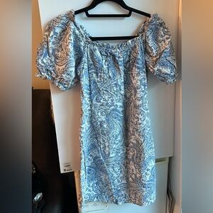Blue Paisley Mini Dress Puff Sleeve